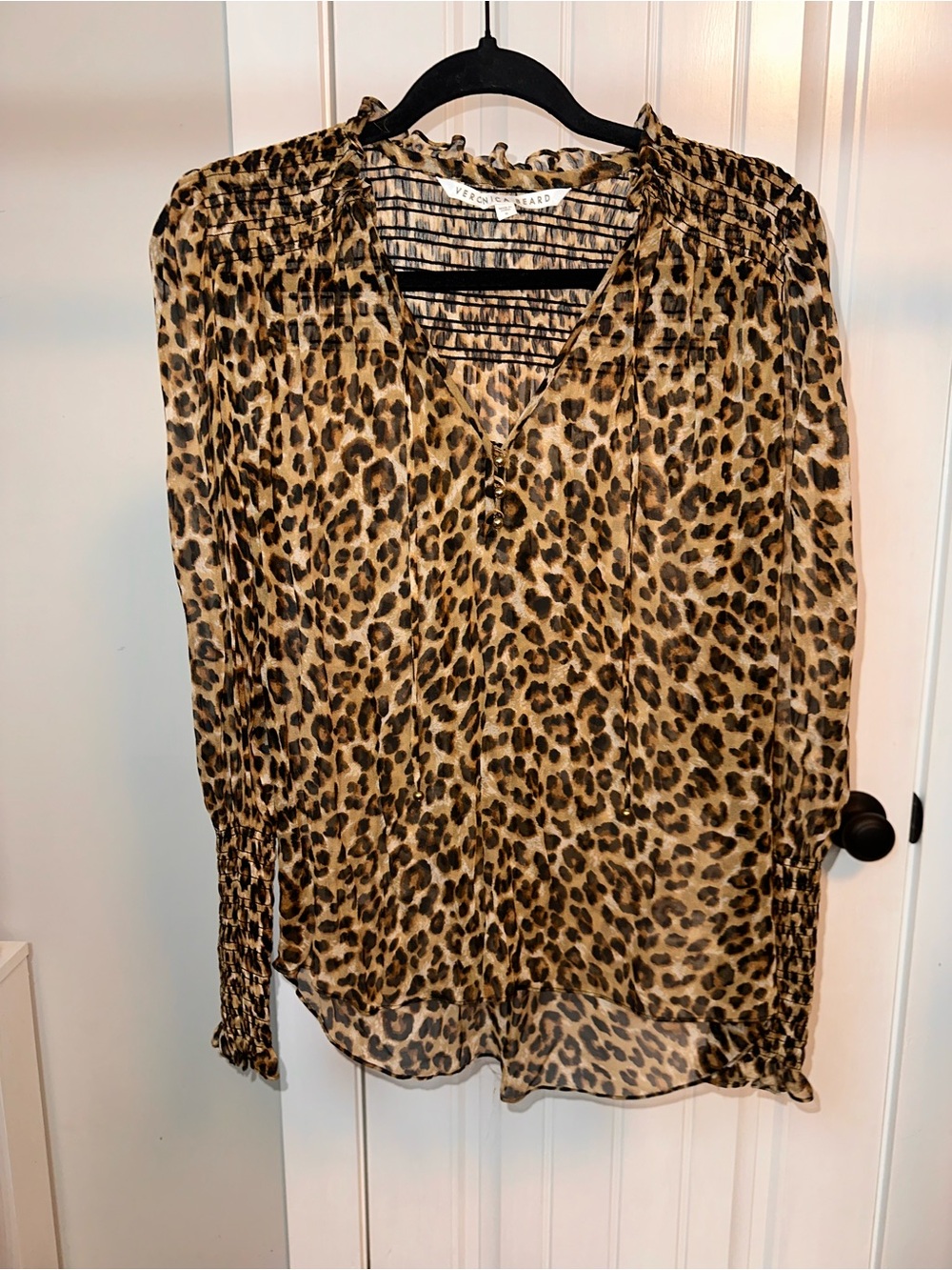 Veronica Beard Jaz Silk Blouse Size 6 Leopard Print V-Neck Blouse - Brown/Black